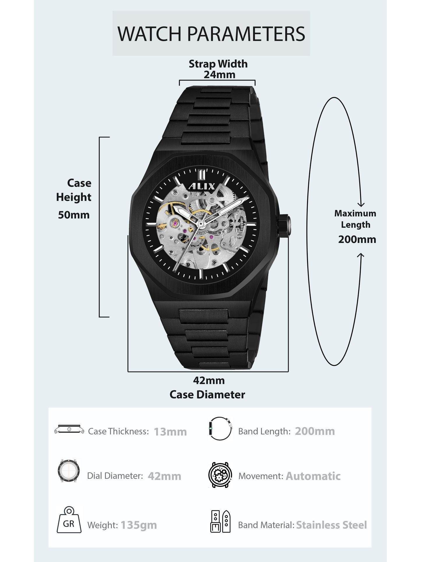 AL2902 Black Skeleton Automatic watch for men's
