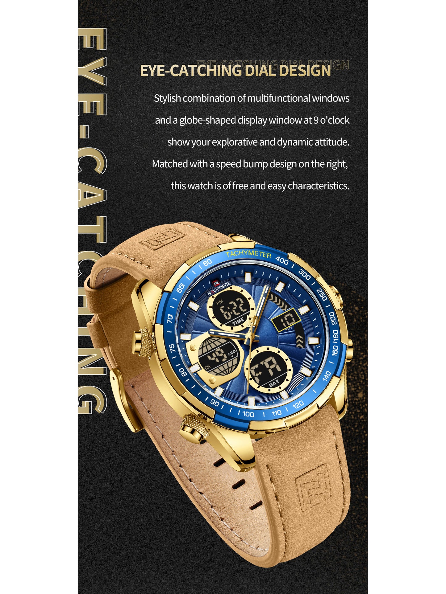 NF9197L Light Brown leather Ana-digital watch for men - NAVIFORCE