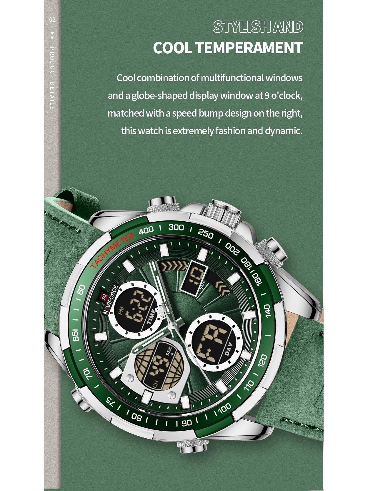 NF9197L Green leather ana-digital watch for men - NAVIFORCE
