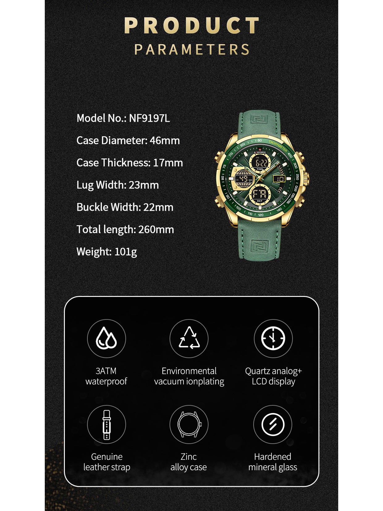 NF9197L Gold Green leather analog-digital watch for men - NAVIFORCE