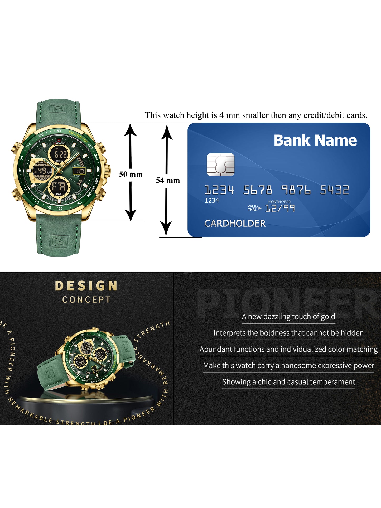 NF9197L Gold Green leather analog-digital watch for men - NAVIFORCE