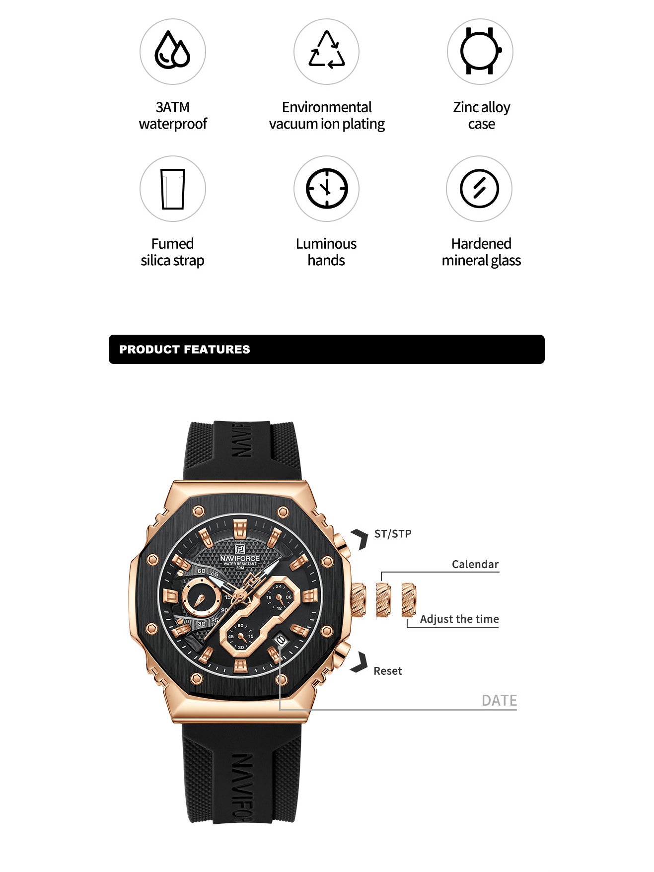 NF8035L Rosegold Black analog chronograph women's watch-NAVIFORCE