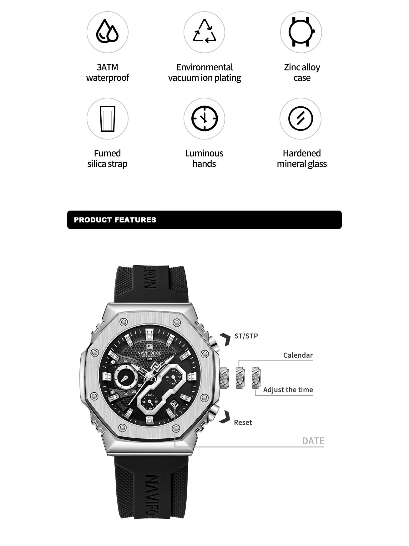 NF8035G Silver Black silicone strap analog chronograph watch for mens-NAVIFORCE