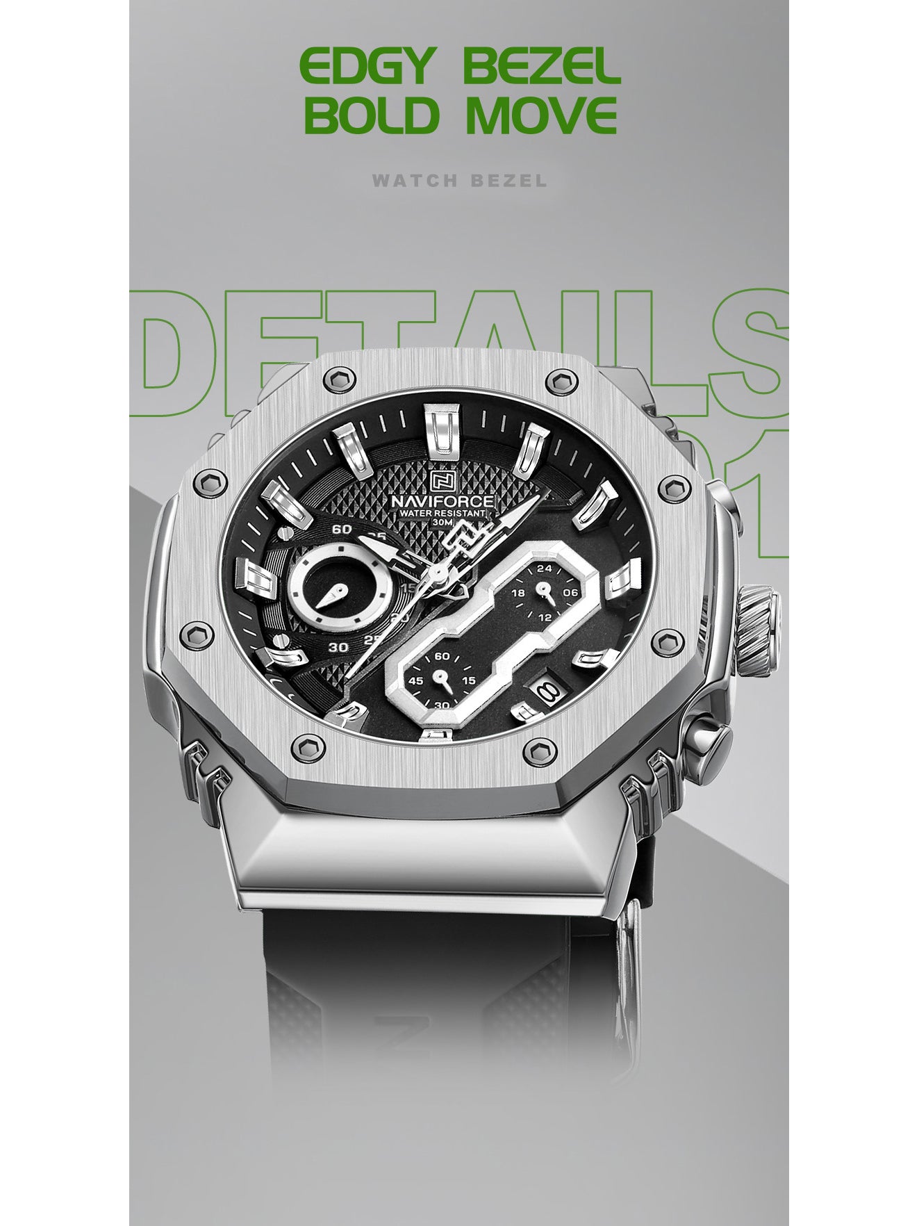 NF8035G Silver Black silicone strap analog chronograph watch for mens-NAVIFORCE