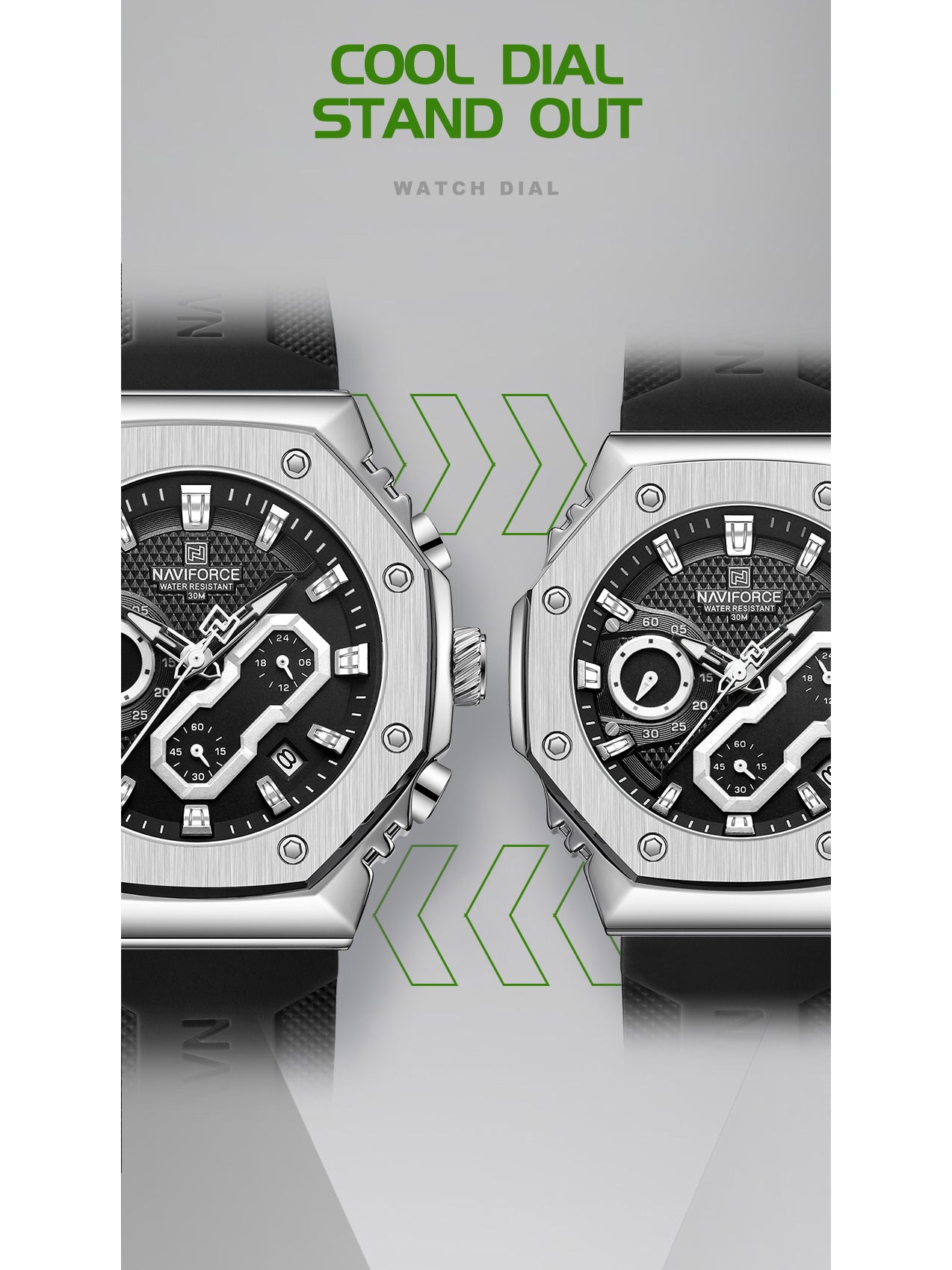NF8035G Silver Black silicone strap analog chronograph watch for mens-NAVIFORCE