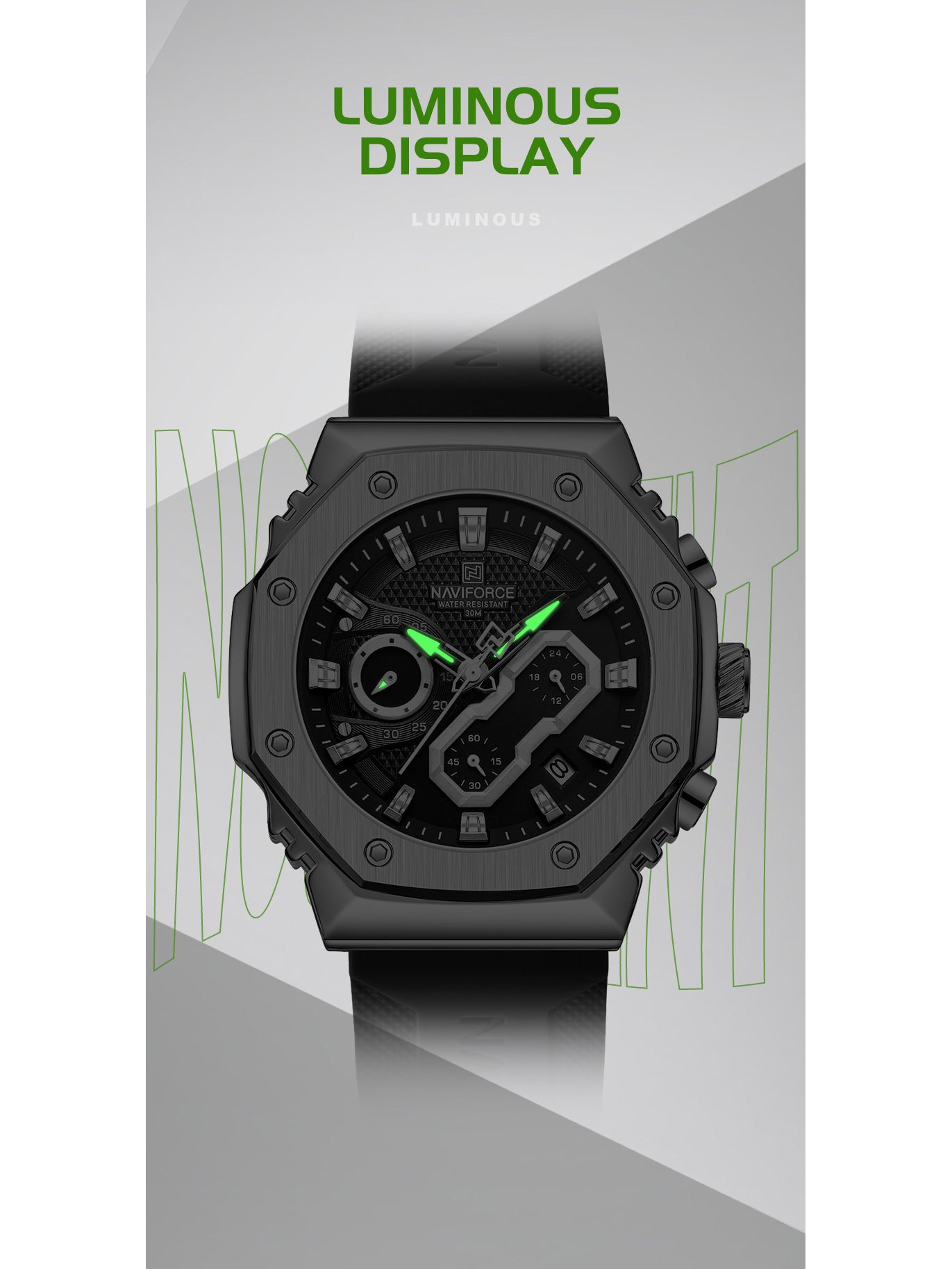 NF8035G Silver Black silicone strap analog chronograph watch for mens-NAVIFORCE