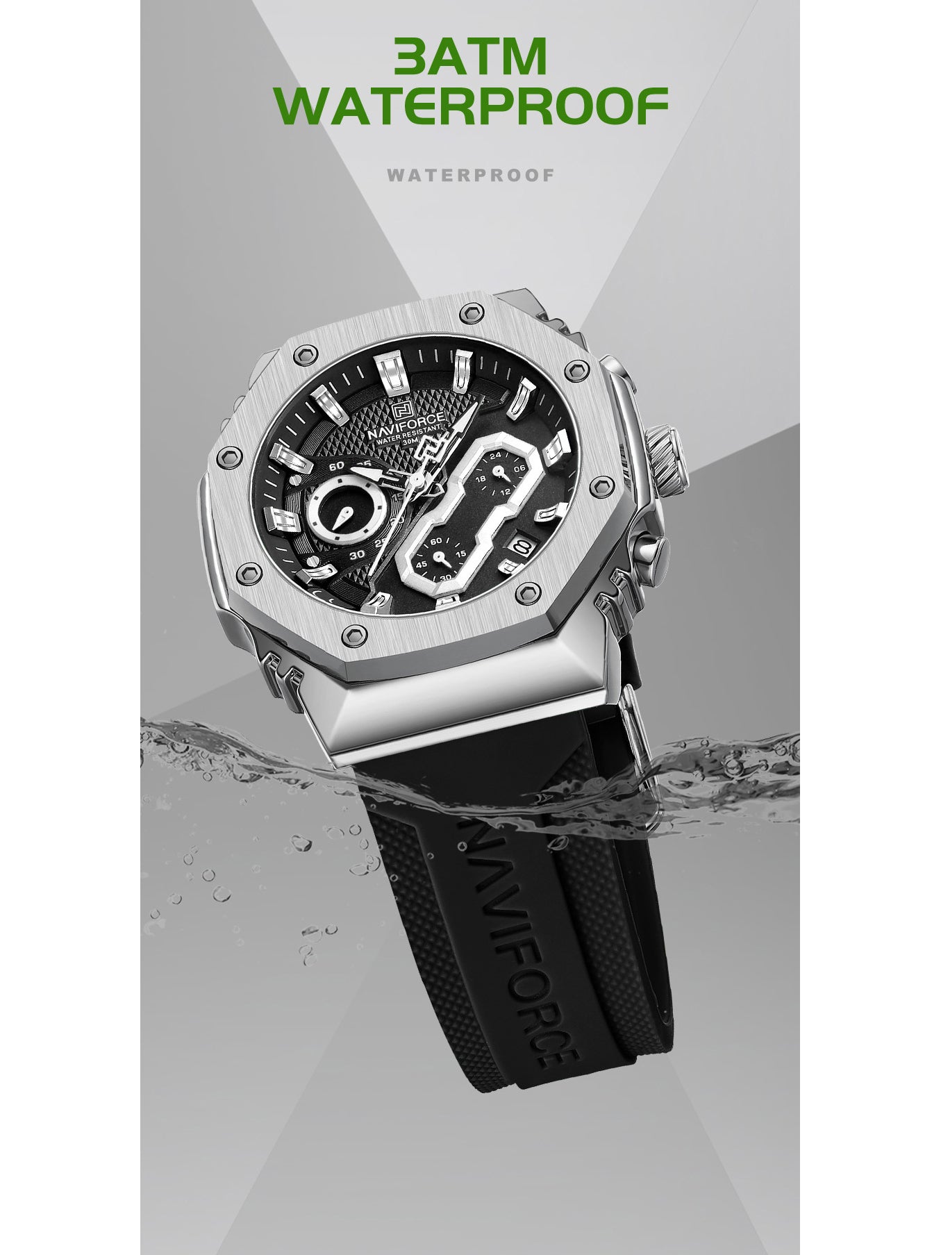 NF8035G Silver Black silicone strap analog chronograph watch for mens-NAVIFORCE