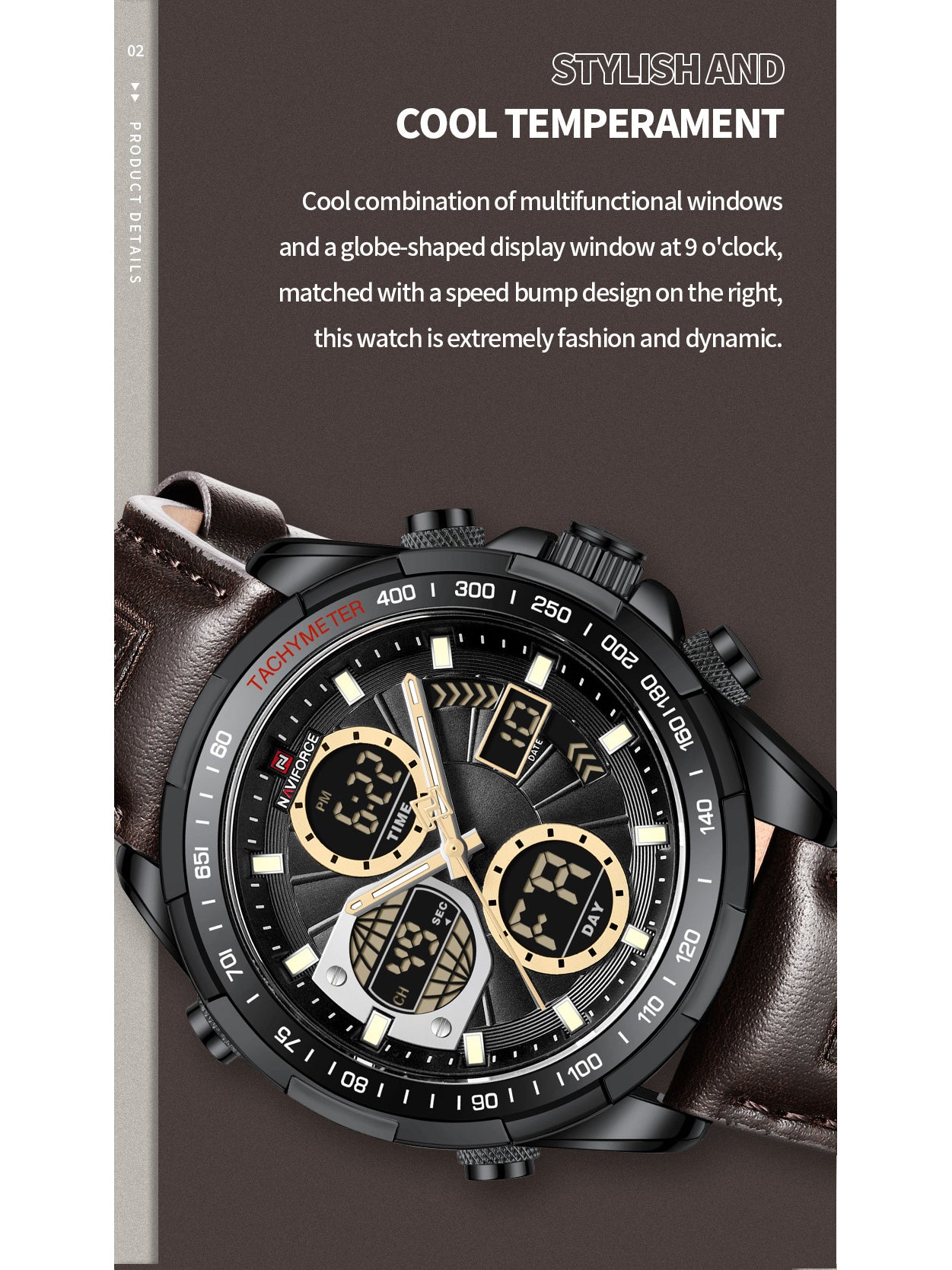 NF9197L brown leather ana-digital watch for men - NAVIFORCE