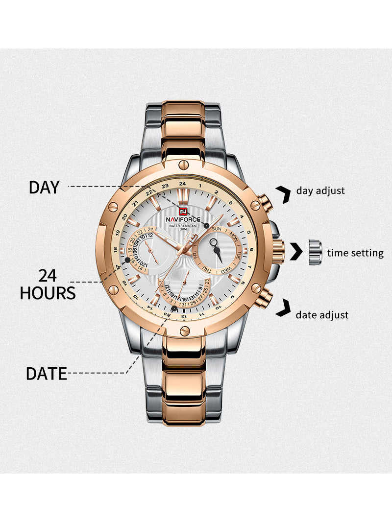 NF9196 Silver RoseGold Chronograph watch for men - Naviforce