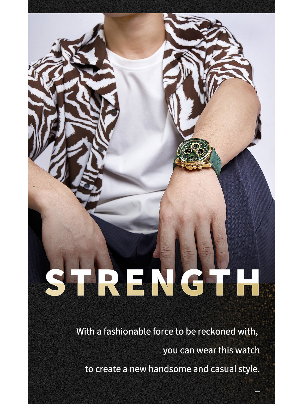 NF9197L Gold Green leather analog-digital watch for men - NAVIFORCE