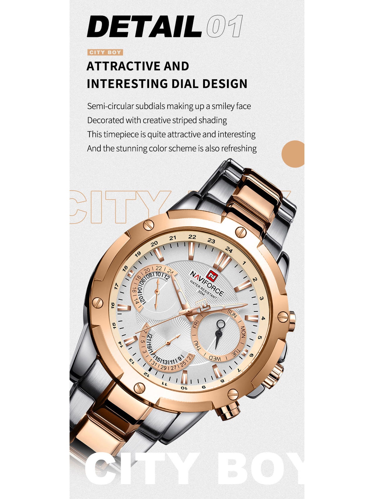 NF9196 Silver RoseGold Chronograph watch for men - Naviforce