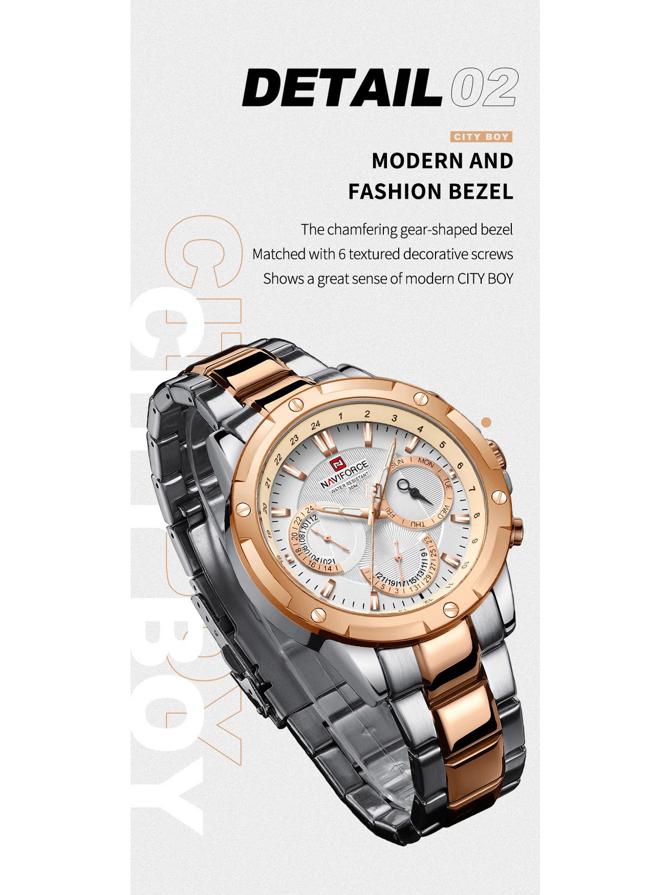 NF9196 Silver RoseGold Chronograph watch for men - Naviforce