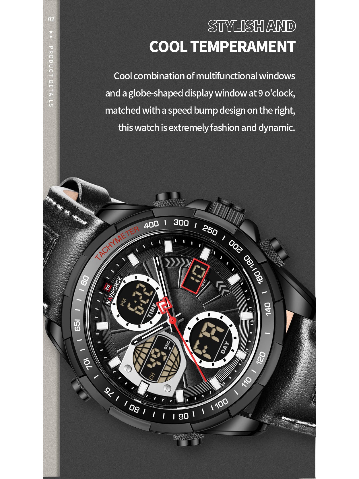 NF9197L Black leather ana-digital watch for men - NAVIFORCE