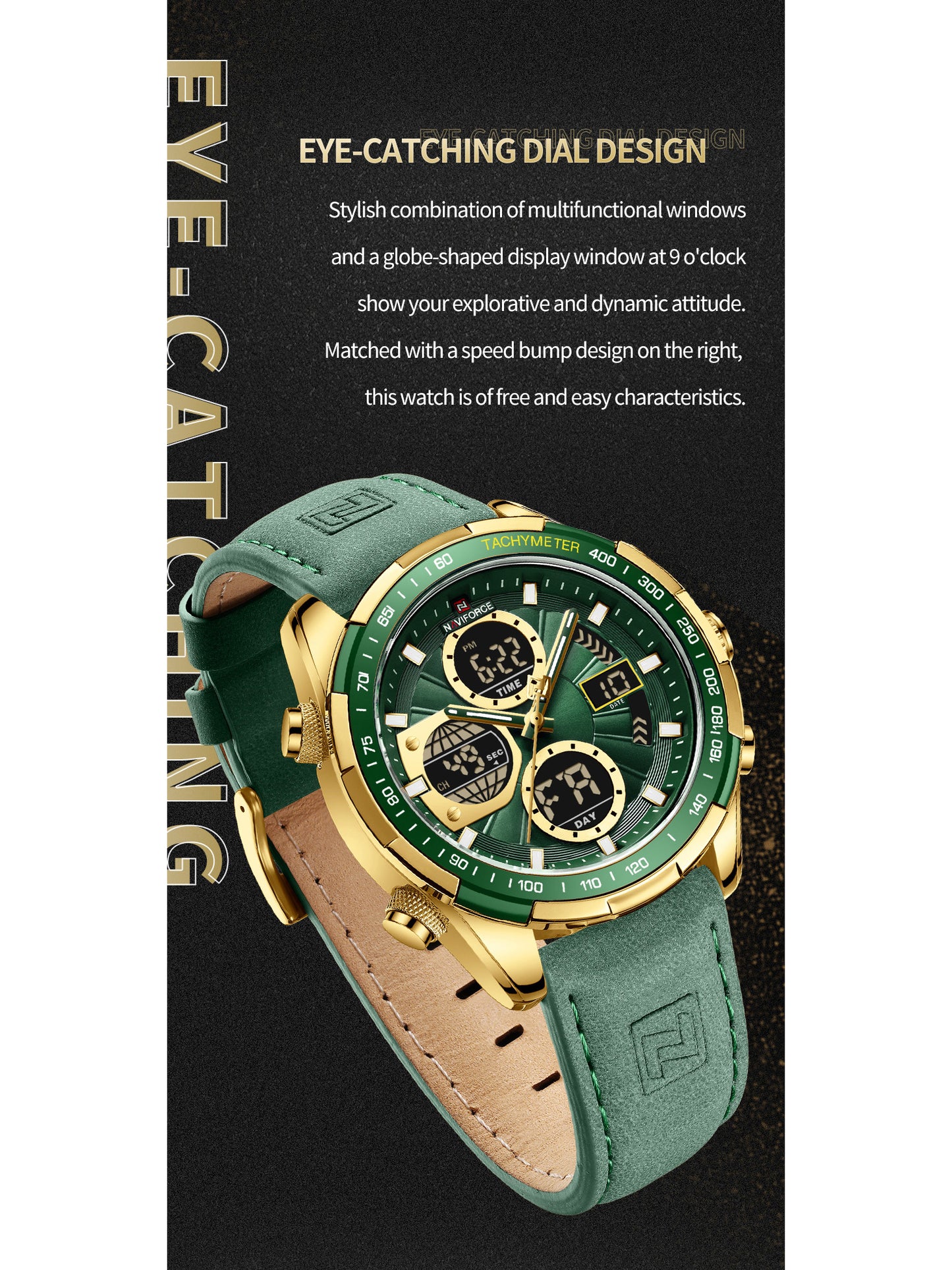 NF9197L Gold Green leather analog-digital watch for men - NAVIFORCE
