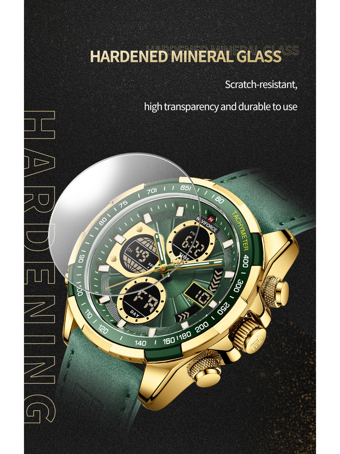 NF9197L Gold Green leather analog-digital watch for men - NAVIFORCE