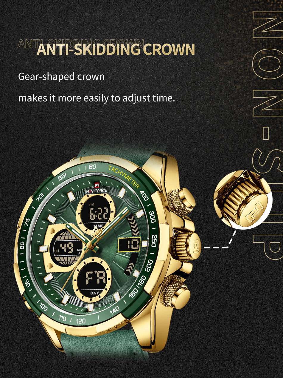 NF9197L Gold Green leather analog-digital watch for men - NAVIFORCE