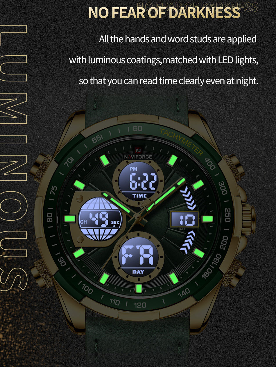 NF9197L Gold Green leather analog-digital watch for men - NAVIFORCE