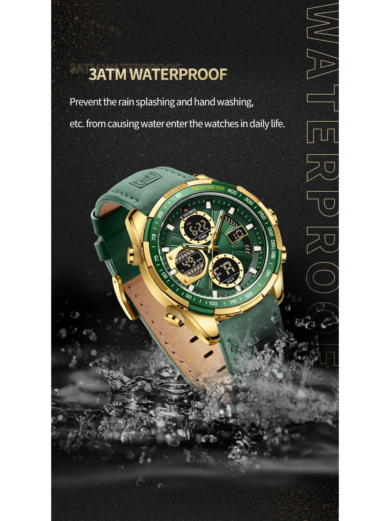 NF9197L Gold Green leather analog-digital watch for men - NAVIFORCE