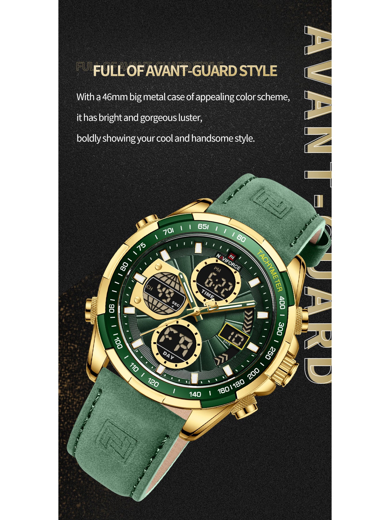 NF9197L Gold Green leather analog-digital watch for men - NAVIFORCE