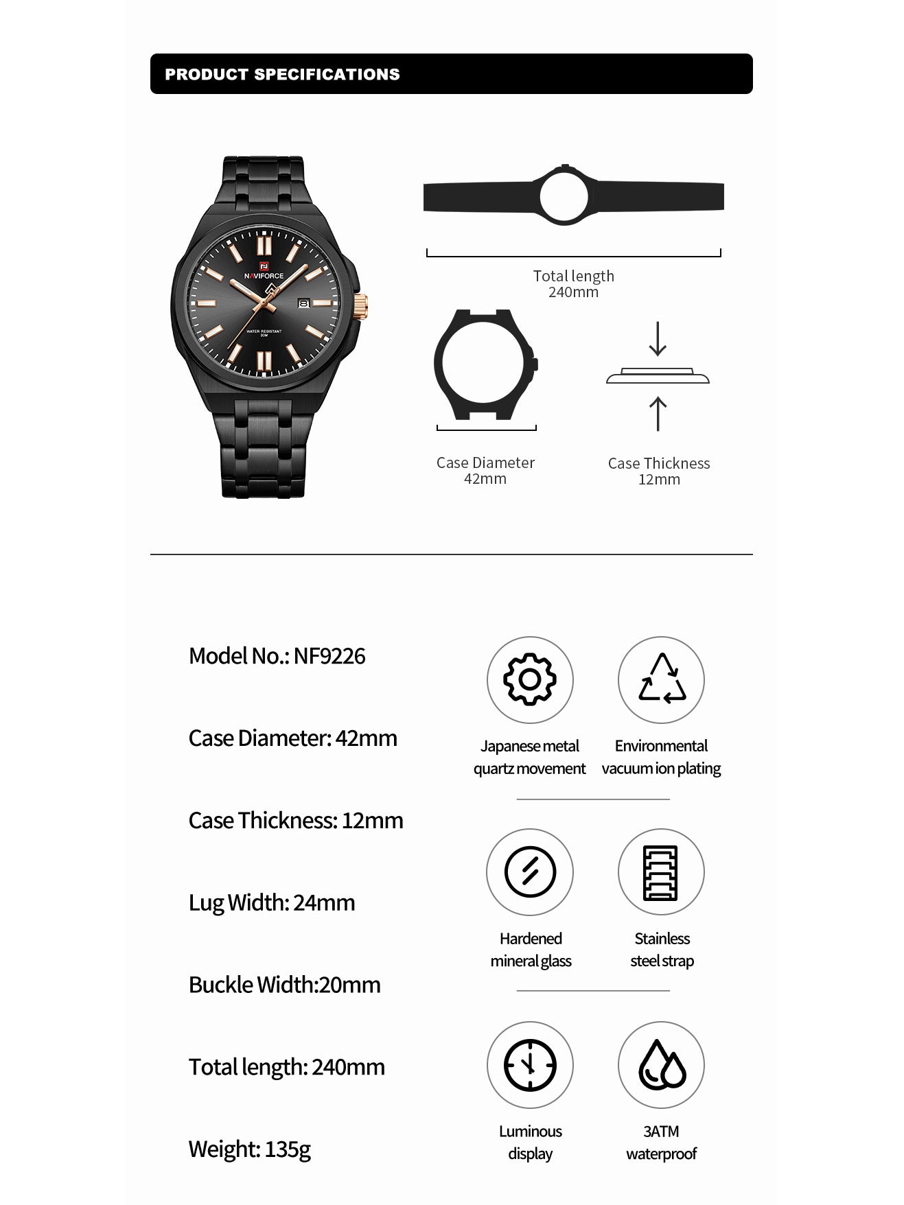 NF9226 Black-Rosegold Analog time&date watch for men - NAVIFORCE