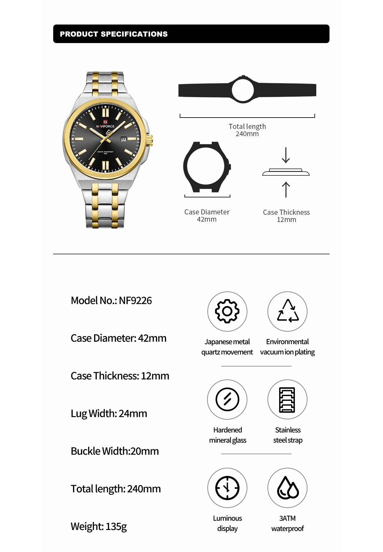 NF9226 Silver-Gold Analog time&date watch for men - NAVIFORCE