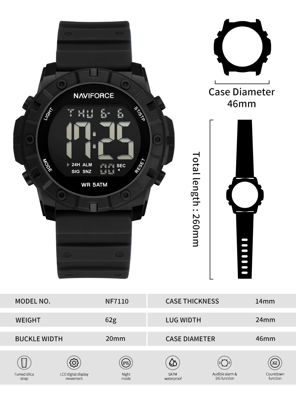 NF7110 Black LCD Display Trendy Silicone Digital Watch