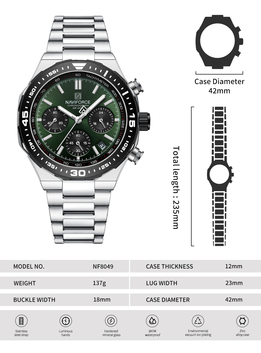 Naviforce NF8049: Silver Green Multifunction Chrono for Men