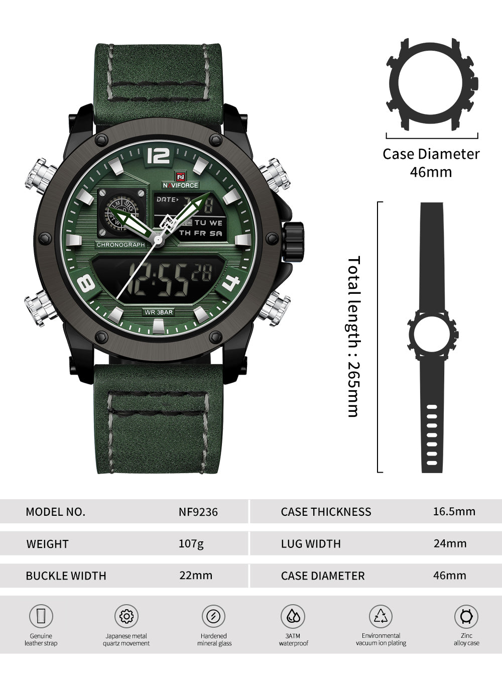 Naviforce NF9236 Green Strap Military Style Analog-Digital Watch