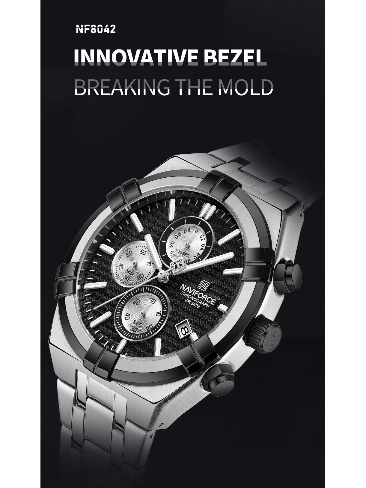 NF8042 Silver Black two tone analog chronograph watch for mens-NAVIFORCE