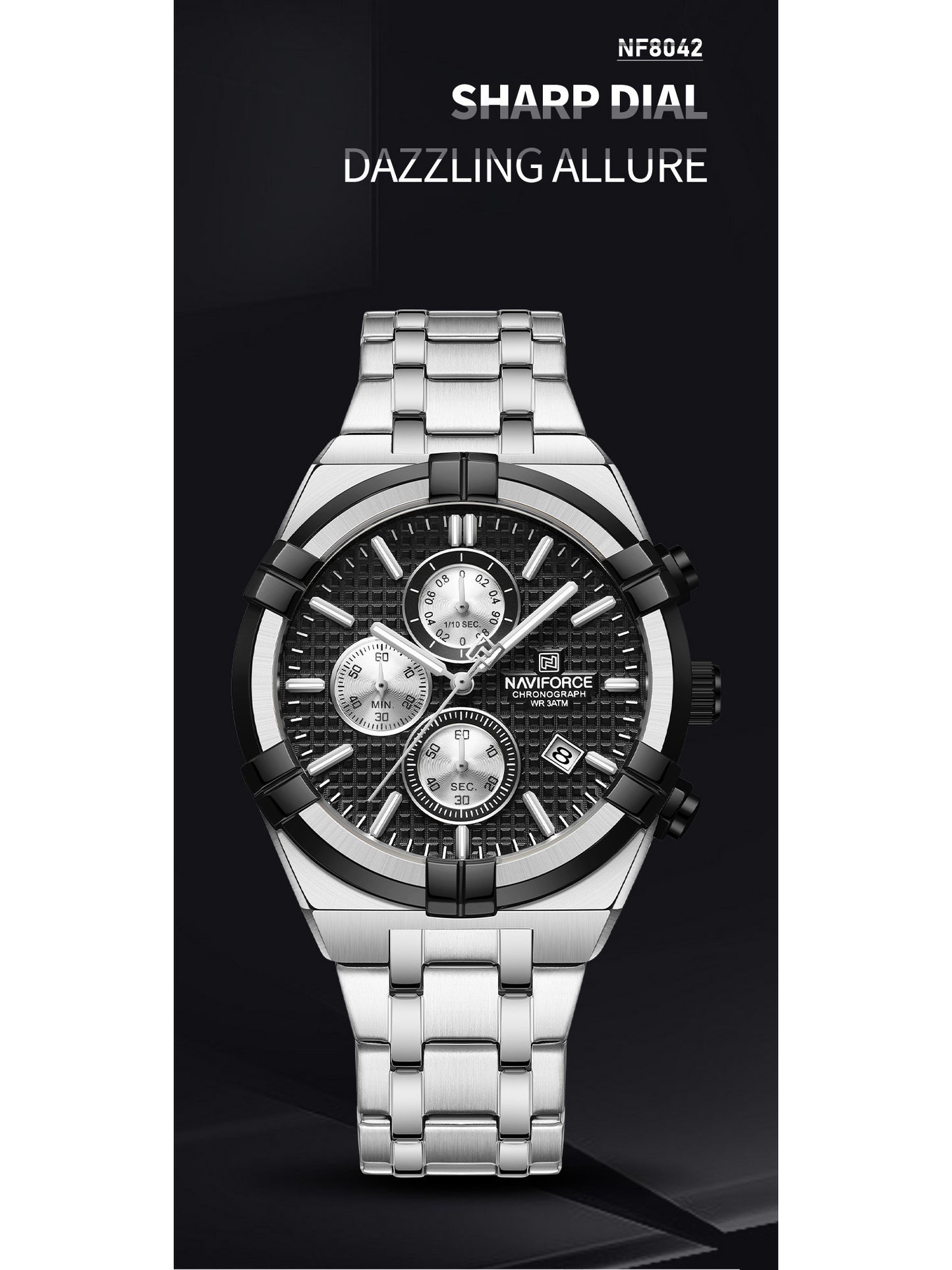NF8042 Silver Black two tone analog chronograph watch for mens-NAVIFORCE