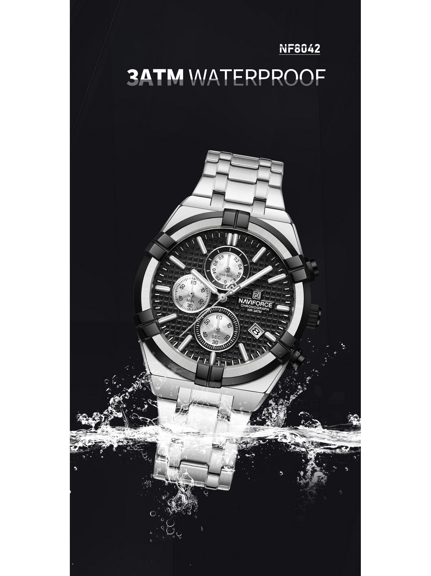 NF8042 Silver Black two tone analog chronograph watch for mens-NAVIFORCE