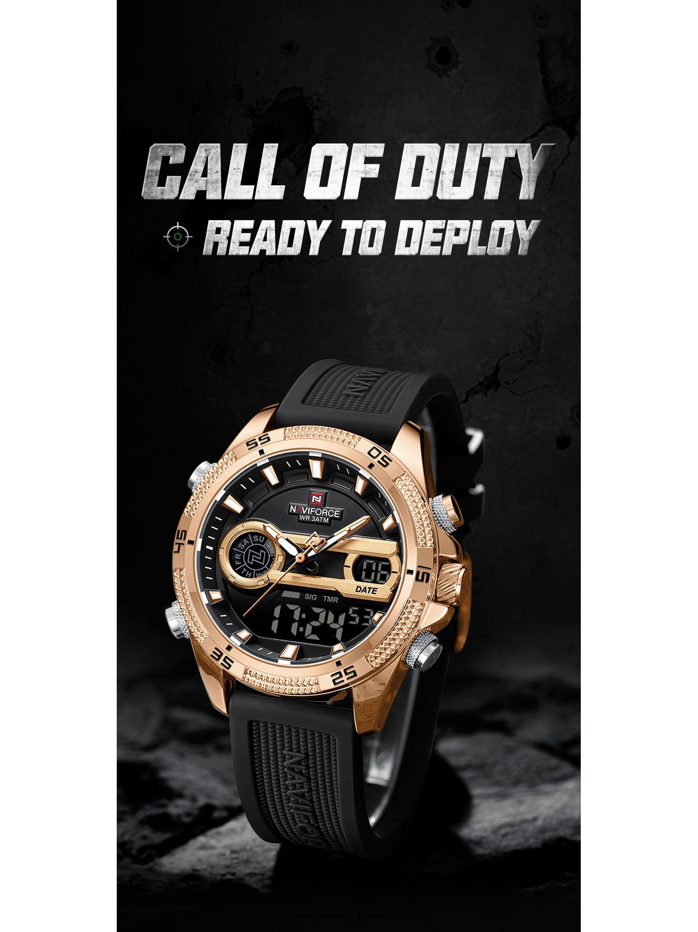 NF9223 Black-Rosegold Silicone strap digi-analog mens watch - NAVIFORCE