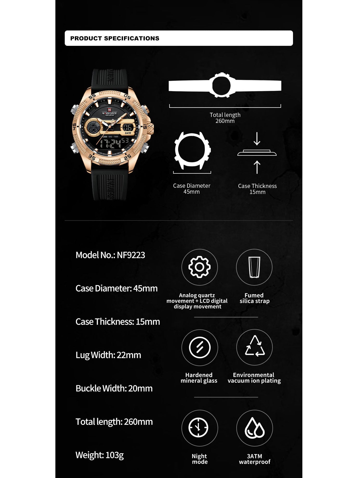 NF9223 Black-Rosegold Silicone strap digi-analog mens watch - NAVIFORCE