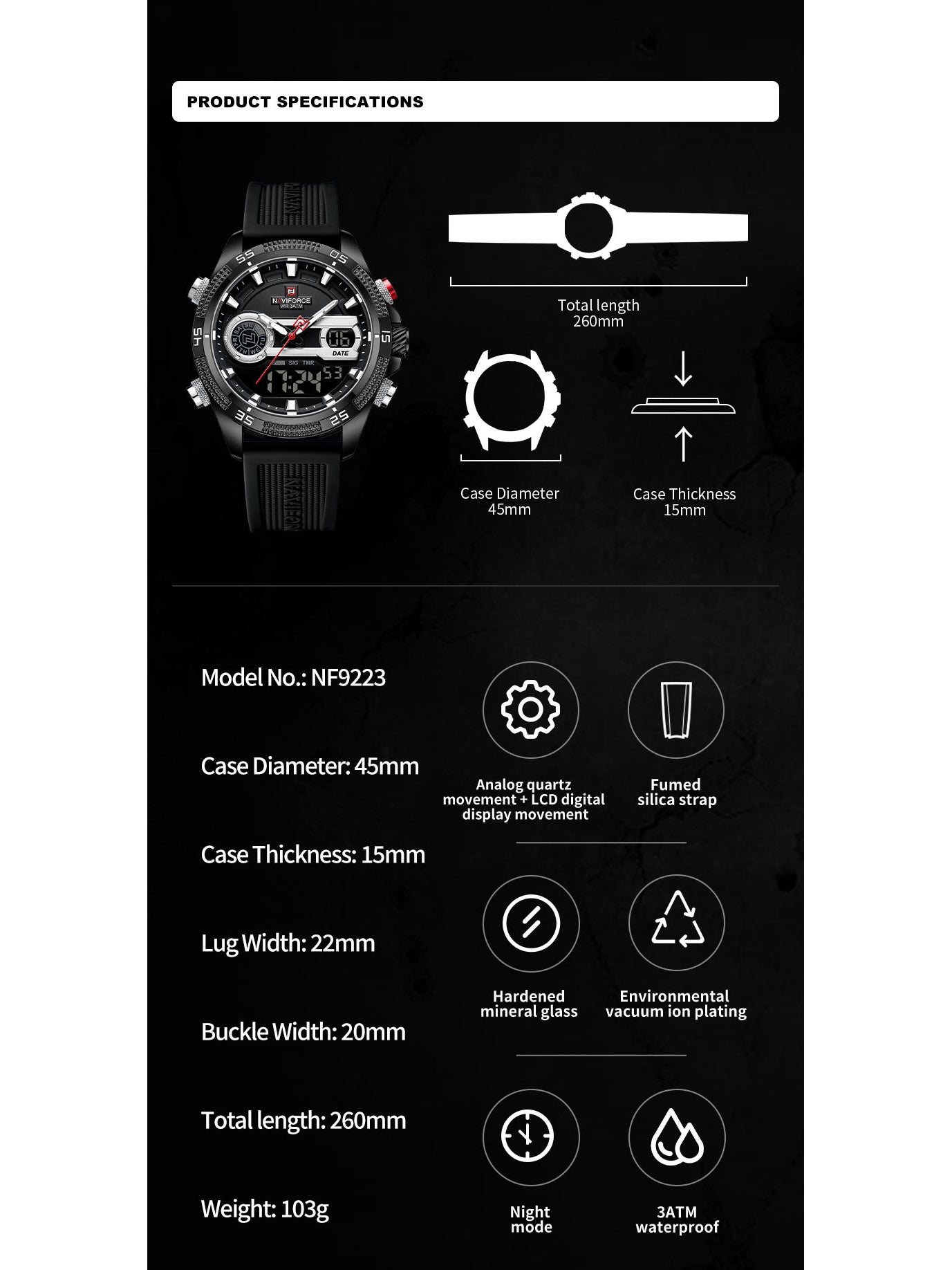 NF9223 Black Silicone strap digi-analog mens watch - NAVIFORCE