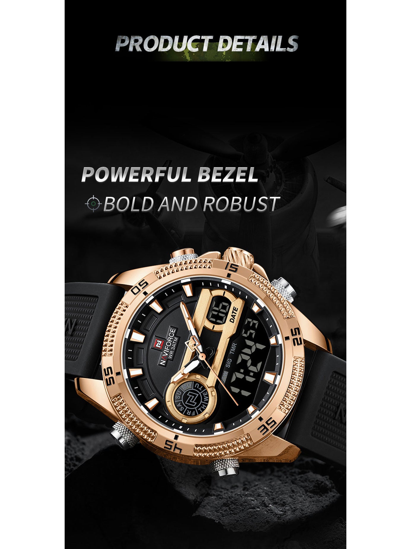 NF9223 Black-Rosegold Silicone strap digi-analog mens watch - NAVIFORCE