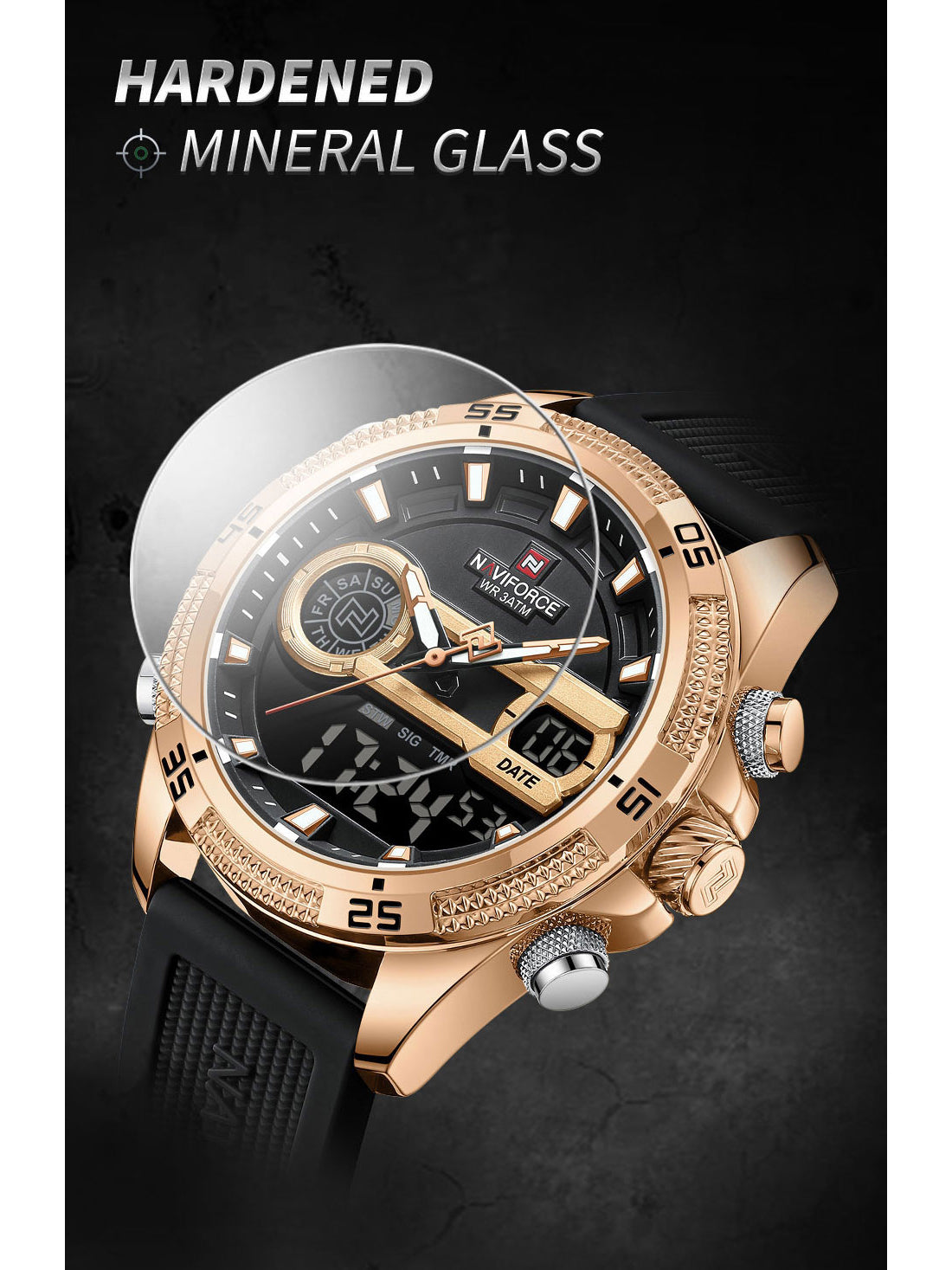 NF9223 Black-Rosegold Silicone strap digi-analog mens watch - NAVIFORCE