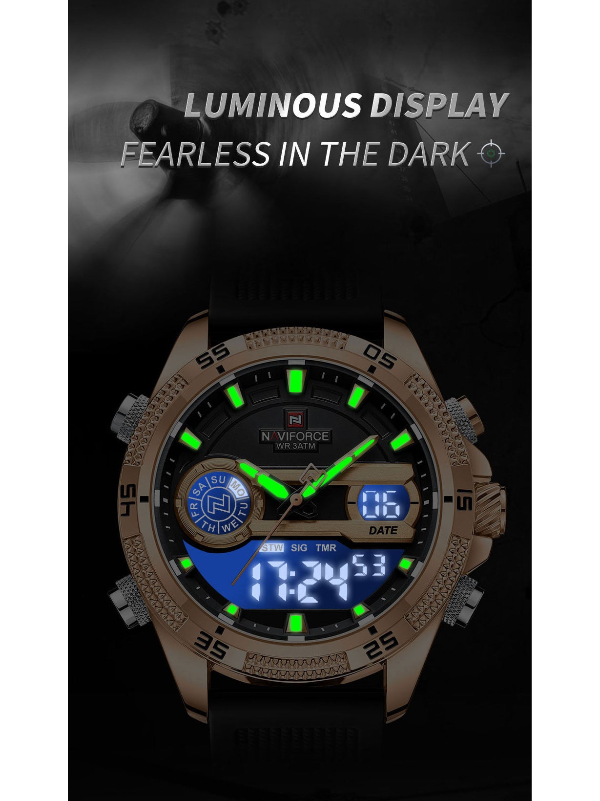 NF9223 Black-Rosegold Silicone strap digi-analog mens watch - NAVIFORCE