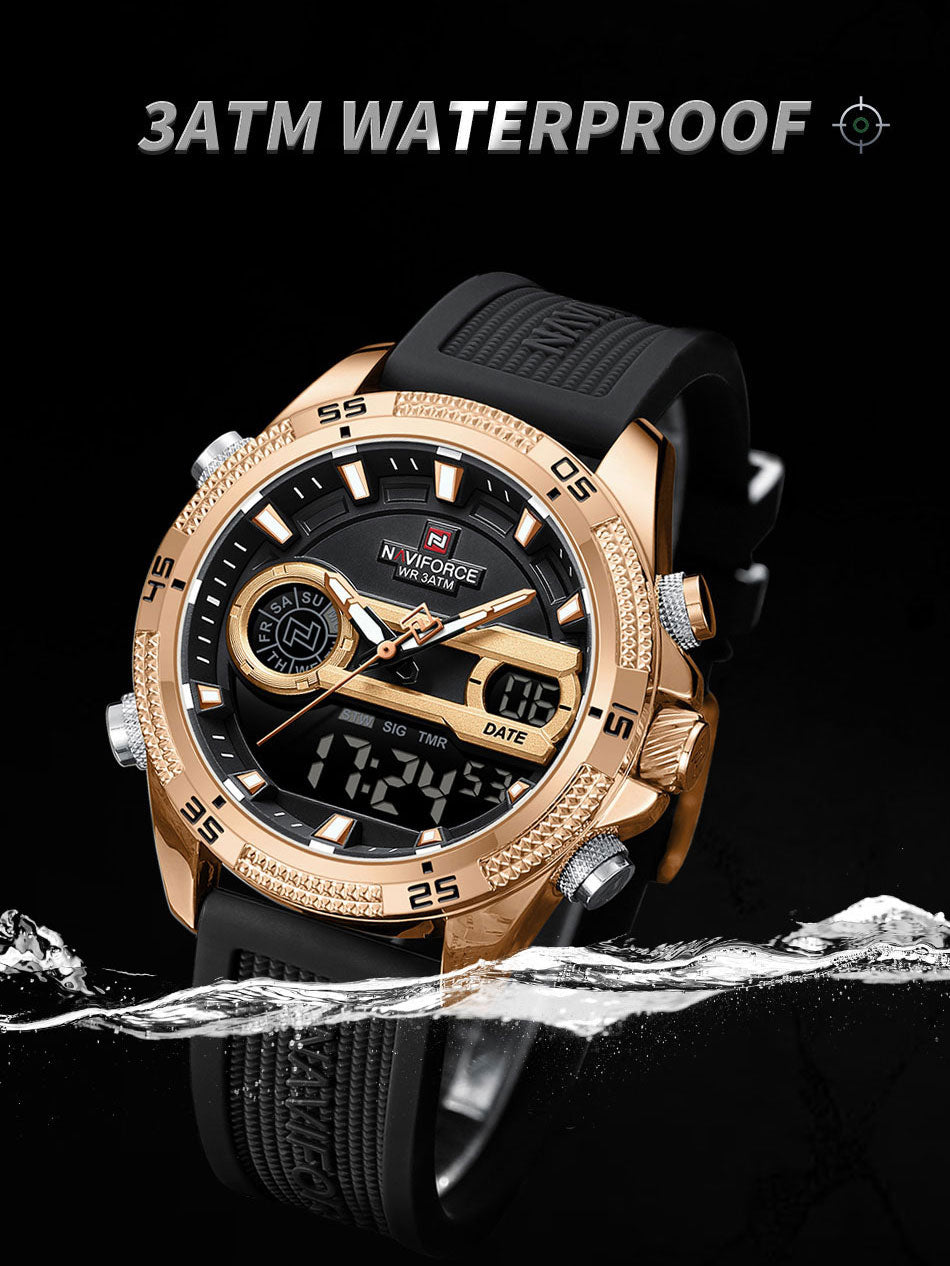 NF9223 Black-Rosegold Silicone strap digi-analog mens watch - NAVIFORCE