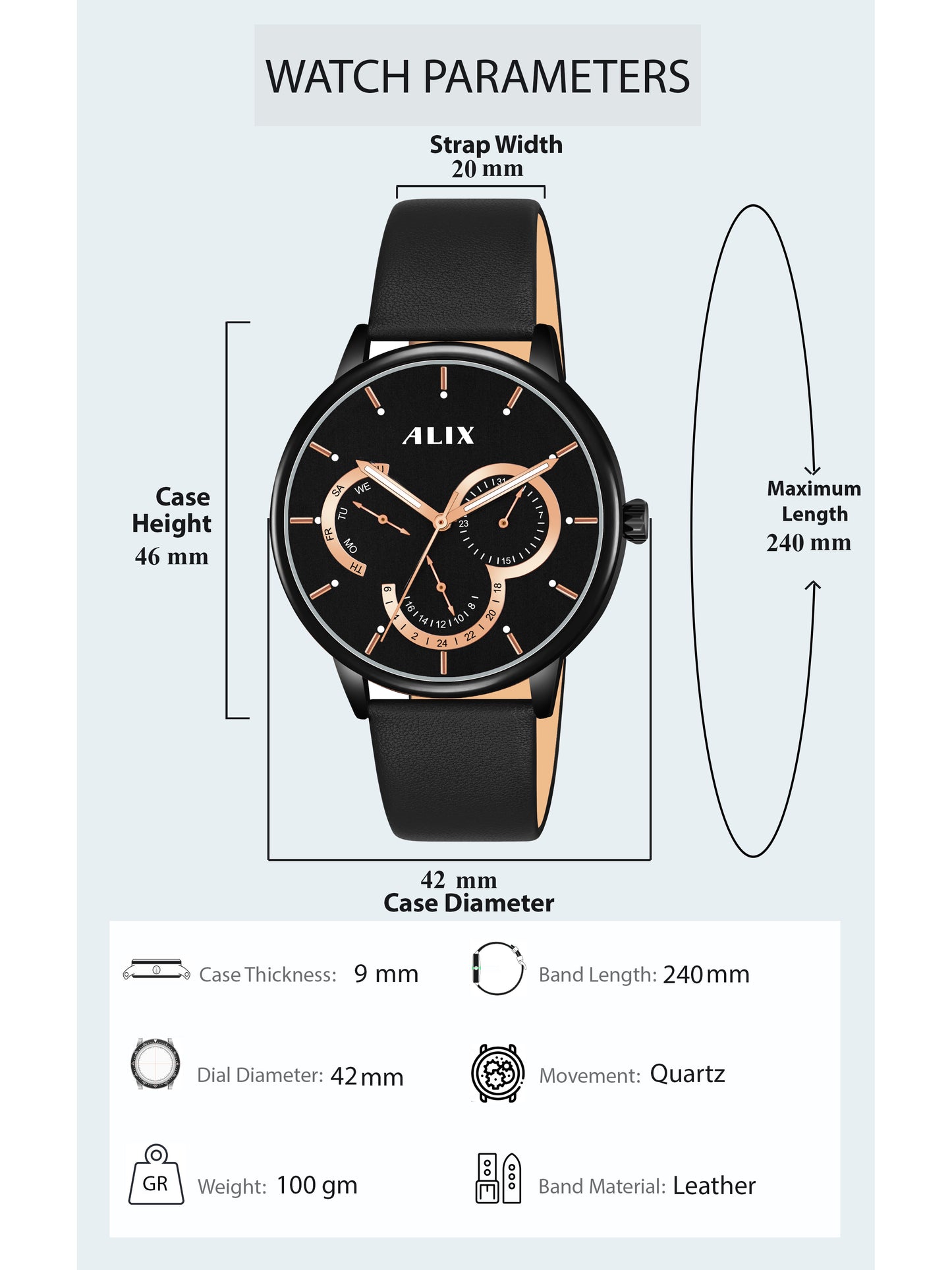 AL3011 Black chronograph analog watch for mens - ALIX