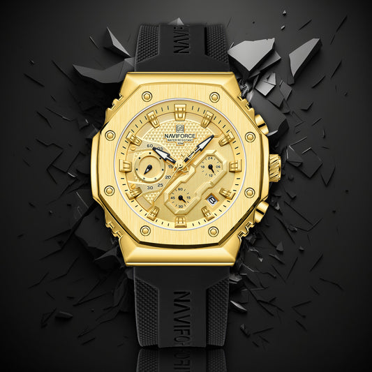 NF8035G Gold Black silicone strap analog chronograph watch for mens-NAVIFORCE