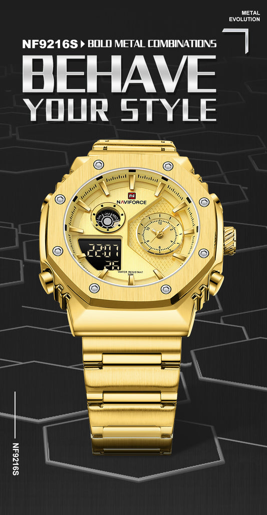 NF9216 Gold digital - analog chronograph watch for men's-NAVIFORCE