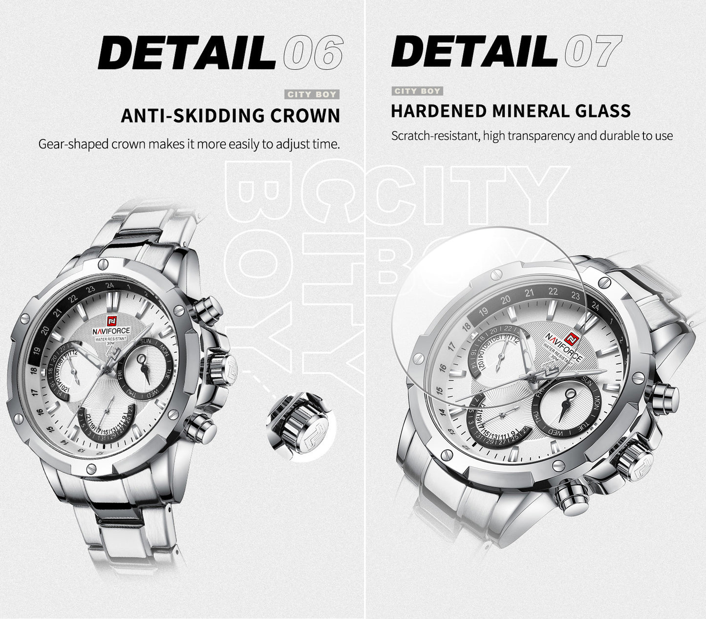 NF9196 Silver white Chronograph watch for men - Naviforce