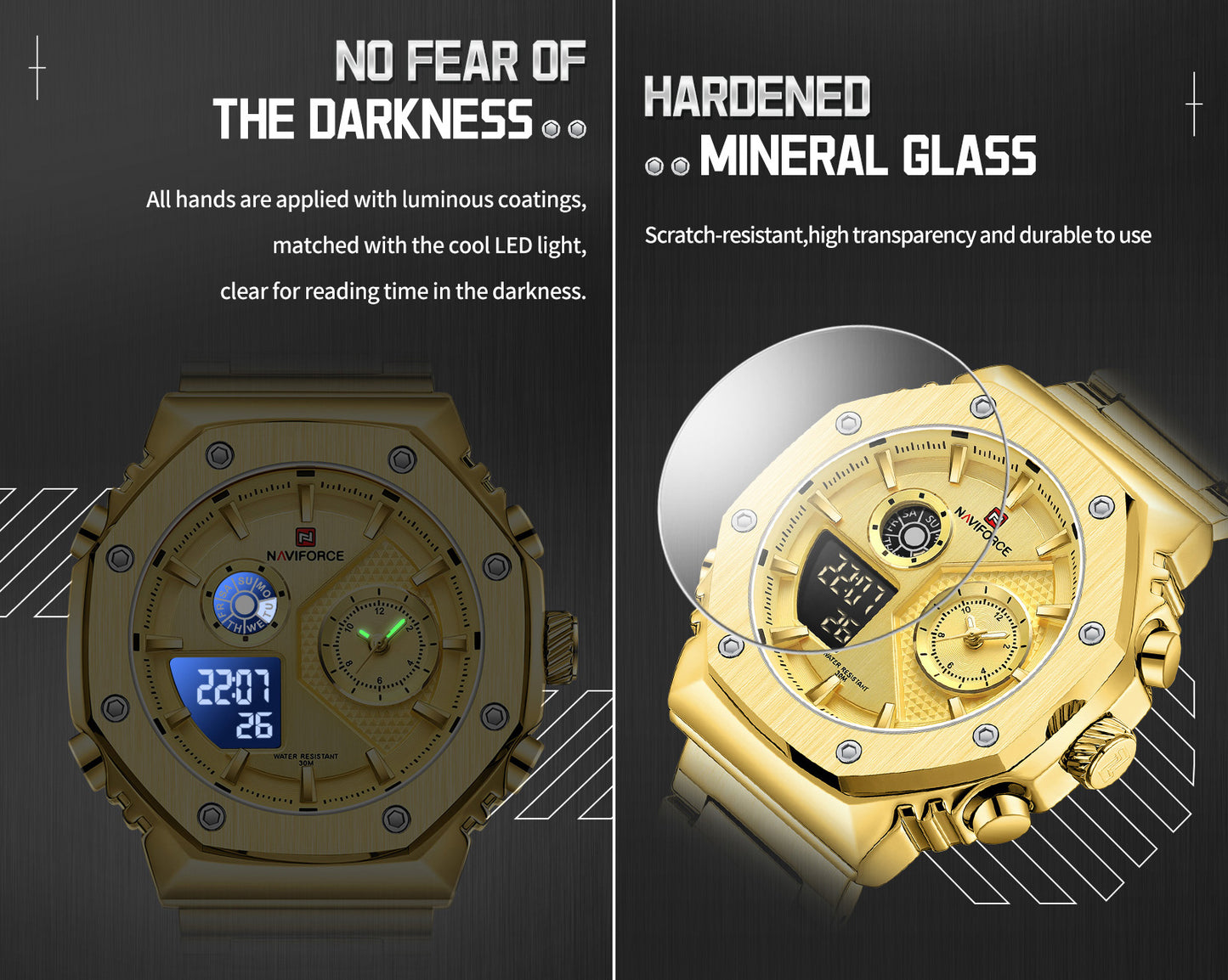 NF9216 Gold digital - analog chronograph watch for men's-NAVIFORCE