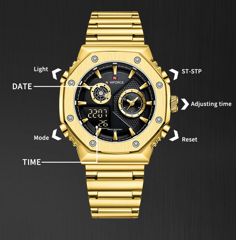 NF9216 Gold Black digital - analog chronograph watch for men's-NAVIFORCE