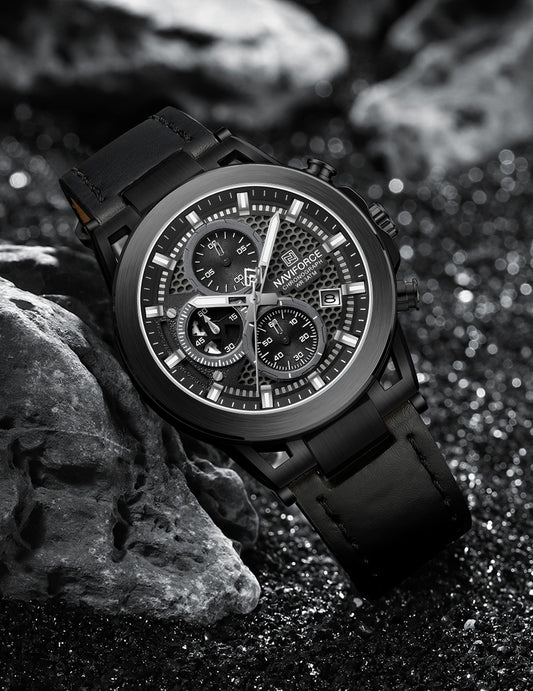 Naviforce NF8073 Unique Black Genuine Leather Analog Watch