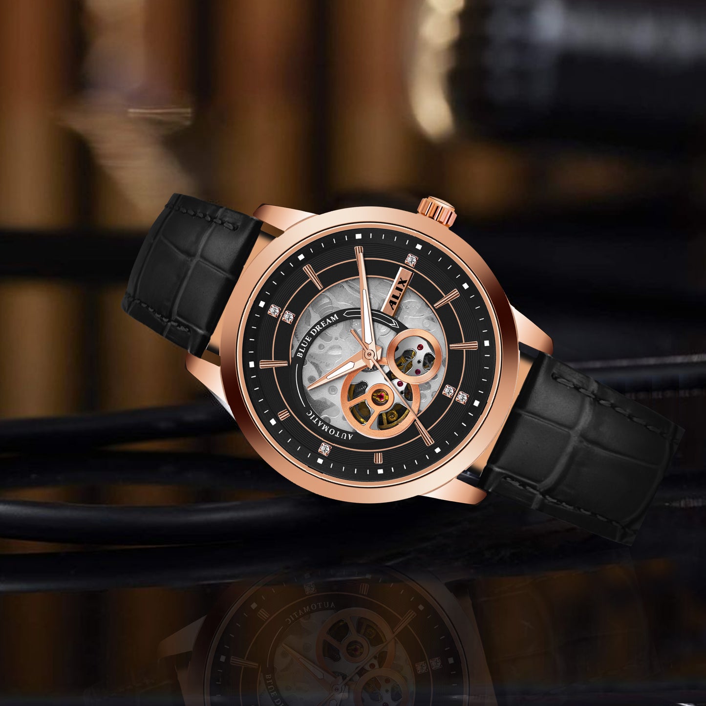 Al2910 Black Leather Strap Automatic Analog Watch