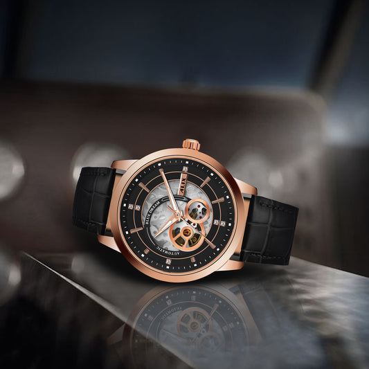 Al2910 Black Leather Strap Automatic Analog Watch