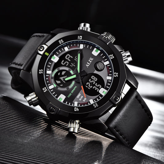AL3032 Black leather sports Analog-Digital Watch