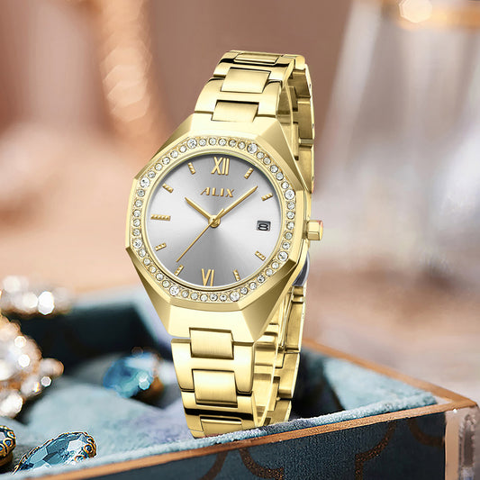 AL2531 Gold Octagonal case with diamond studded dial Analog Watch