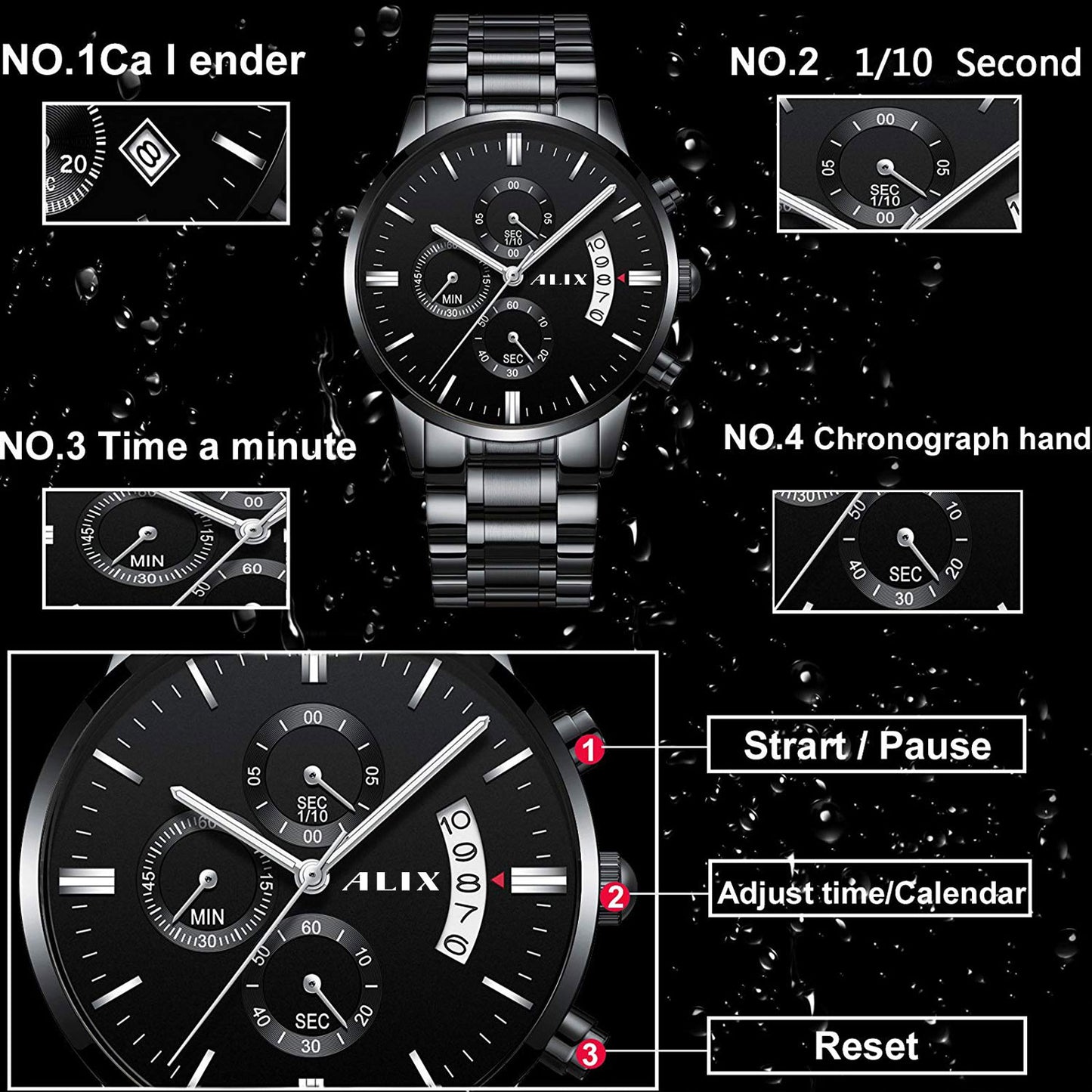 AL2309 Black Steel Strap With chronograph Dial men's Analog Watch
